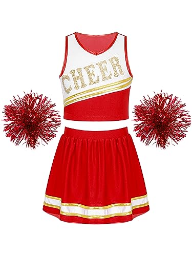 Doomiva Mädchen Cheer Leader Kostüm Set mit Pom, Handblumen, Socken Cheerleading Uniform Ärmellose Tanztop und Minirock Tanzkostüm Set Xb Rot 158-164 von Doomiva