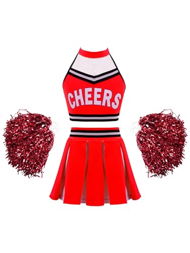 Doomiva Mädchen Cheer Leader Kostüm set Tanzbekleidung Set Crop Top und Minirock Tanzanzug Festlich Tanzkostüm Wa Rot mit Poms 146-152 von Doomiva