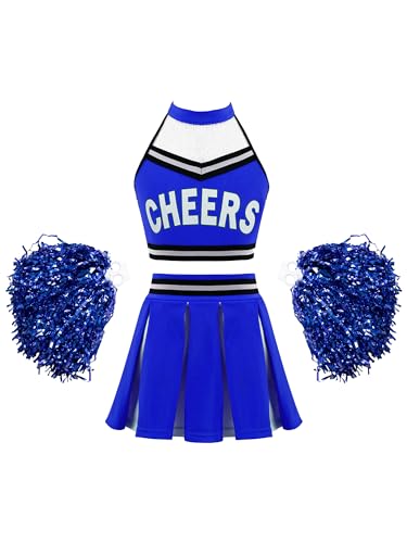 Doomiva Mädchen Cheer Leader Kostüm set Tanzbekleidung Set Crop Top und Minirock Tanzanzug Festlich Tanzkostüm Wa Royal Blau mit Poms 122-128 von Doomiva