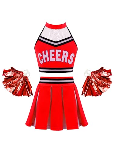 Doomiva Mädchen Cheer Leader Kostüm set Tanzbekleidung Set Crop Top und Minirock Tanzanzug Festlich Tanzkostüm Wb Rot mit Poms 170-176 von Doomiva