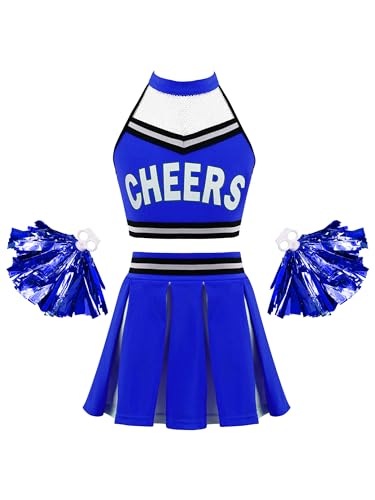 Doomiva Mädchen Cheer Leader Kostüm set Tanzbekleidung Set Crop Top und Minirock Tanzanzug Festlich Tanzkostüm Wb Royal Blau mit Poms 170-176 von Doomiva