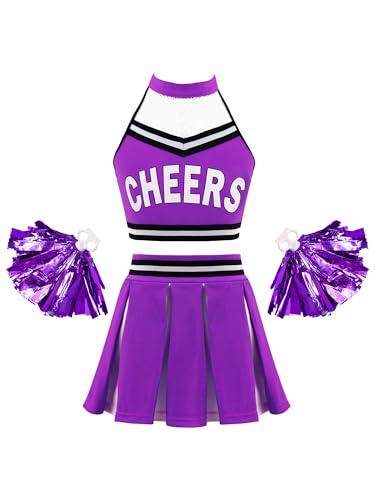 Doomiva Mädchen Cheer Leader Kostüm set Tanzbekleidung Set Crop Top und Minirock Tanzanzug Festlich Tanzkostüm Wb Violett mit Poms 170-176 von Doomiva