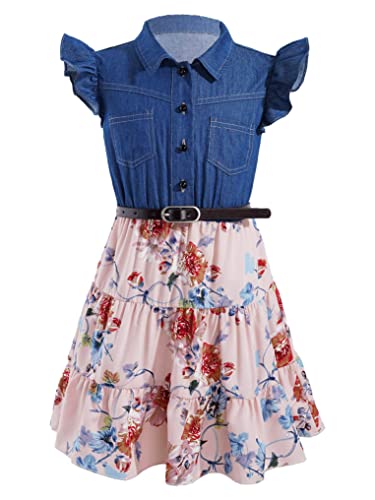 Doomiva Mädchen Denim Kleider Jeanskleider A Linie Sommerkleid mit Blumendruck Rock Süße Blusenkleid Herbst Freizeitkleid in Urlaub Rosa 134-140 von Doomiva