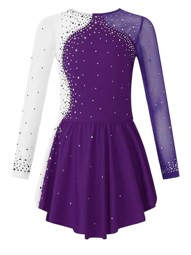 Doomiva Mädchen Eiskunstlauf Kleid Langarm Tanzkleid Glitzer Kürkleid Rollkunstlauf Kleid Wett"be"werb Tanzkostüm Tanzanzug A Violett 134-140 von Doomiva