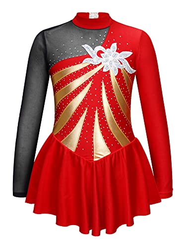 Doomiva Mädchen Eiskunstlauf Kleid Langarm Tanzkleid Glitzer Kürkleid Rollkunstlauf Kleid Wett"be"werb Tanzkostüm Tanzanzug Rot 146-152 von Doomiva
