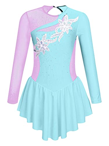 Doomiva Mädchen Eiskunstlauf Kleid Langarm Tanzkleid Glitzer Kürkleid Rollkunstlauf Kleid Wett"be"werb Tanzkostüm Tanzanzug T Hell Blau 122-128 von Doomiva