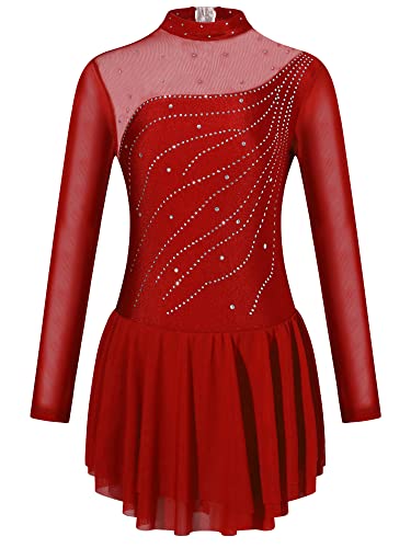 Doomiva Mädchen Eiskunstlauf Kleid Langarm Tanzkleid Glitzer Kürkleid Rollkunstlauf Kleid Wett"be"werb Tanzkostüm Tanzanzug Ua Burgundy 122-128 von Doomiva