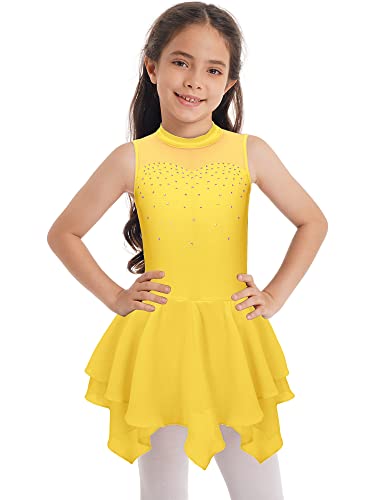 Doomiva Mädchen Eiskunstlaufkleid Ärmellose Kürkleid Rollkunstlauf Tanzkleid Einfarbig Rollschuhkleid Tanz Trikotanzug Gelb 158-164 von Doomiva