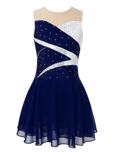 Doomiva Mädchen Eiskunstlaufkleid Ärmellose Tanzkleid Rollschuhkleid Glitzer Tanzkleid mit Pailletten Patchwork Ballettkleid Ballett Trikotanzug Dunkelblau 170-176 von Doomiva