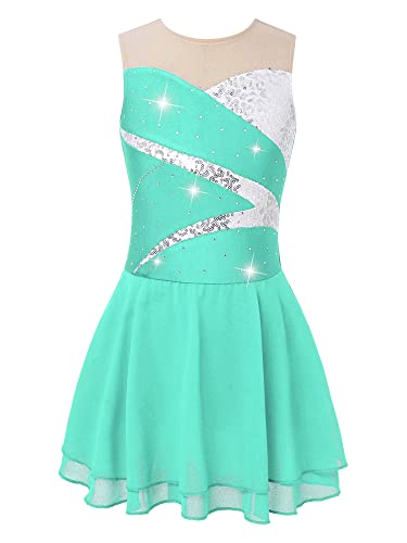 Doomiva Mädchen Eiskunstlaufkleid Ärmellose Tanzkleid Rollschuhkleid Glitzer Tanzkleid mit Pailletten Patchwork Ballettkleid Ballett Trikotanzug Hell Grün 110-116 von Doomiva