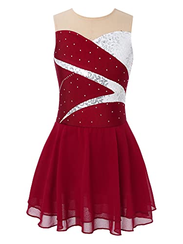 Doomiva Mädchen Eiskunstlaufkleid Ärmellose Tanzkleid Rollschuhkleid Glitzer Tanzkleid mit Pailletten Patchwork Ballettkleid Ballett Trikotanzug Rot 110-116 von Doomiva