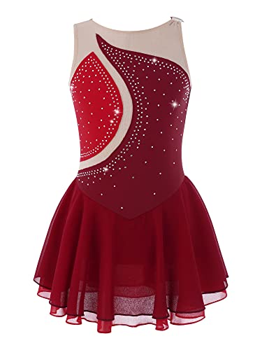 Doomiva Mädchen Eiskunstlaufkleid Ärmellose Tanzkleid Rollschuhkleid Glitzer Tanzkleid mit Pailletten Patchwork Ballettkleid Ballett Trikotanzug T Rot 146-152 von Doomiva