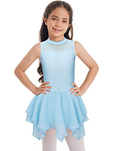 Doomiva Mädchen Eiskunstlaufkleid Ärmellose Tanzkleid Rollschuhkleid Glitzer Tanzkleid mit Pailletten Patchwork Ballettkleid Ballett Trikotanzug U Hellblau 146-152 von Doomiva