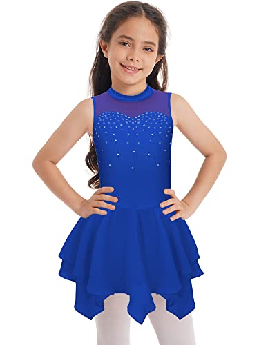 Doomiva Mädchen Eiskunstlaufkleid Ärmellose Tanzkleid Rollschuhkleid Glitzer Tanzkleid mit Pailletten Patchwork Ballettkleid Ballett Trikotanzug U Royal Blau 122-128 von Doomiva