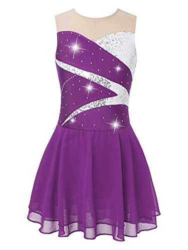 Doomiva Mädchen Eiskunstlaufkleid Ärmellose Tanzkleid Rollschuhkleid Glitzer Tanzkleid mit Pailletten Patchwork Ballettkleid Ballett Trikotanzug Violett 122-128 von Doomiva