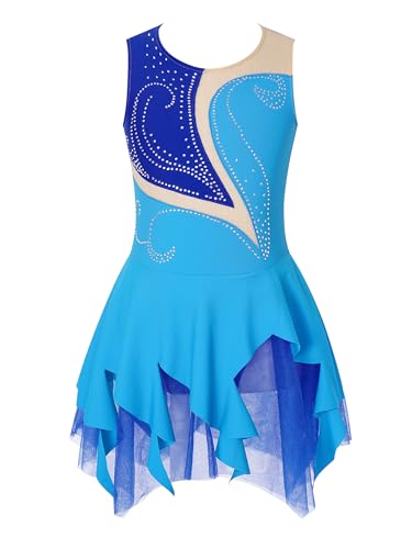 Doomiva Mädchen Eiskunstlaufkleid Ärmellose Tanzkleid Rollschuhkleid Glitzer Tanzkleid mit Pailletten Patchwork Ballettkleid Ballett Trikotanzug W Blau 146-152 von Doomiva