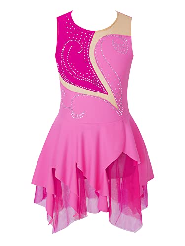 Doomiva Mädchen Eiskunstlaufkleid Ärmellose Tanzkleid Rollschuhkleid Glitzer Tanzkleid mit Pailletten Patchwork Ballettkleid Ballett Trikotanzug W Rose 122-128 von Doomiva