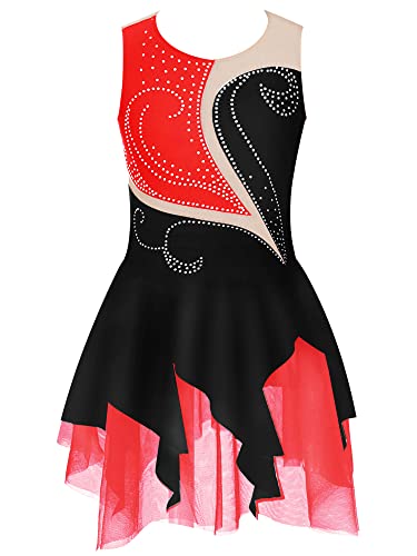 Doomiva Mädchen Eiskunstlaufkleid Ärmellose Tanzkleid Rollschuhkleid Glitzer Tanzkleid mit Pailletten Patchwork Ballettkleid Ballett Trikotanzug W Rot + Schwarz 134-140 von Doomiva