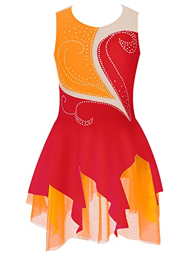 Doomiva Mädchen Eiskunstlaufkleid Ärmellose Tanzkleid Rollschuhkleid Glitzer Tanzkleid mit Pailletten Patchwork Ballettkleid Ballett Trikotanzug W Rot 134-140 von Doomiva