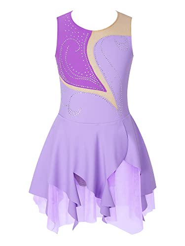 Doomiva Mädchen Eiskunstlaufkleid Ärmellose Tanzkleid Rollschuhkleid Glitzer Tanzkleid mit Pailletten Patchwork Ballettkleid Ballett Trikotanzug W Violett 134-140 von Doomiva