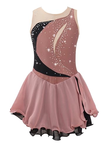 Doomiva Mädchen Eiskunstlaufkleid Ärmellose Tanzkleid Rollschuhkleid Glitzer Tanzkleid mit Pailletten Patchwork Ballettkleid Ballett Trikotanzug Wa Leichter Kaffee 146-152 von Doomiva