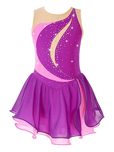 Doomiva Mädchen Eiskunstlaufkleid Glitzer Tanzkleid Rollschuhkleid Glitzer Tanzkleid Tanzanzug Glänzende Wettkämpfe Kostüm Violett 158-164 von Doomiva