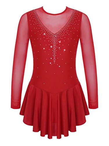 Doomiva Mädchen Eiskunstlaufkleid Langarm Rollschuhkleid Glitzer Ballettkleid Tanzkleid Ballettkleidung Trikot Ballettanzug Wa Burgund 170-176 von Doomiva