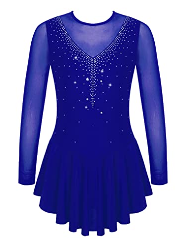 Doomiva Mädchen Eiskunstlaufkleid Langarm Rollschuhkleid Glitzer Ballettkleid Tanzkleid Ballettkleidung Trikot Ballettanzug Wa Königsblau 122-128 von Doomiva