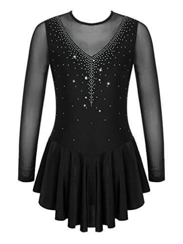 Doomiva Mädchen Eiskunstlaufkleid Langarm Rollschuhkleid Glitzer Ballettkleid Tanzkleid Ballettkleidung Trikot Ballettanzug Wa Schwarz 146-152 von Doomiva