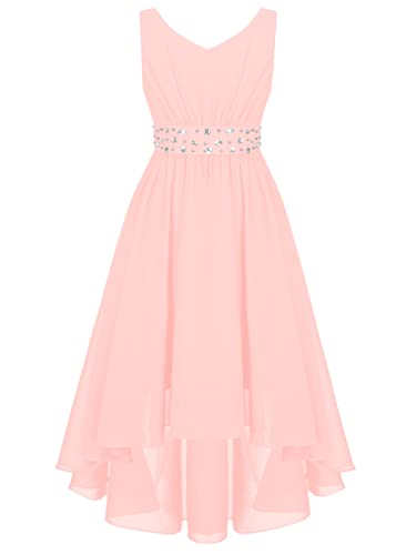 Doomiva Mädchen Festlich Kleid Kommunionkleid Chiffon Kinderkleid Hochzeit Blumenmädchenkleid Elegant Partykleid mit Strass Sommer Kied Rosa 146-152 von Doomiva