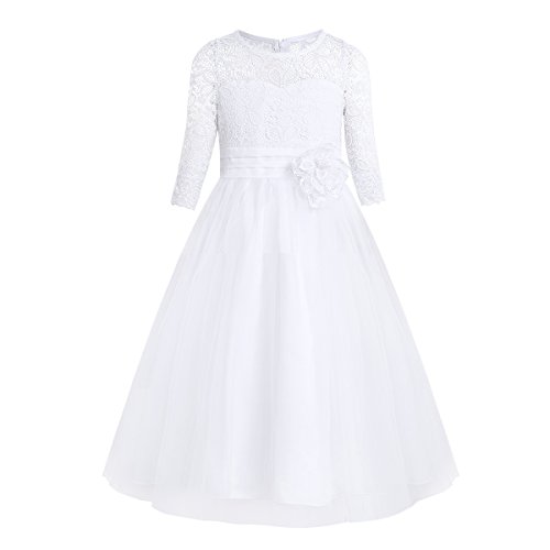 Doomiva Mädchen Festlich Kleid Spitzen Kleider Elegant Hochzeit Blumenmädchen Kleid Partykleid Lang Tütü Prinzessin Kleid Kommunionkleid Weiß 140 von Doomiva