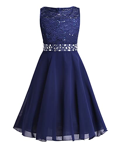 Doomiva Mädchen Festlich Kleider Kommunionkleid Hochzeit Blumenmädchenkleid Chiffon KleiderÄrmellose Spitze Partykleid Marineblau 140-152 von Doomiva