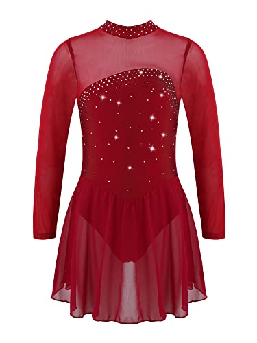 Doomiva Mädchen Glitzer Eiskunstlauf Kleid mit Strass Tanzkleid Langarm Ballettanzug Ballett Trikot Wettbewerb Tanzkostüm Burgundy Langarm 134-140 von Doomiva
