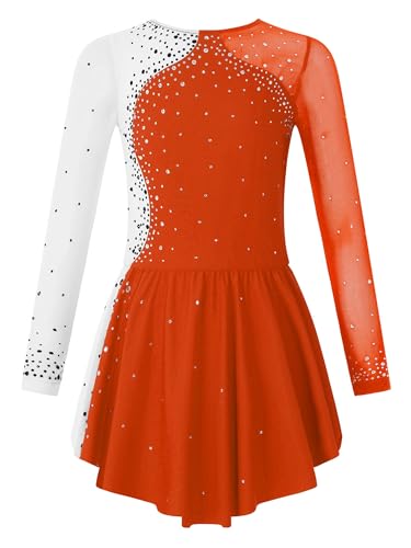 Doomiva Mädchen Glitzer Tanzkleid Langarm Eiskunstlauf Anzug Kürkleid Rollkunstlauf Kleid Langarm Wett"be"werb Tanzkostüm Ballettkleidung Ballettanzug A Orange 122-128 von Doomiva