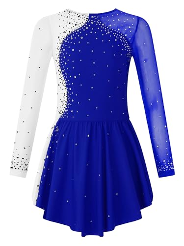 Doomiva Mädchen Glitzer Tanzkleid Langarm Eiskunstlauf Anzug Kürkleid Rollkunstlauf Kleid Langarm Wett"be"werb Tanzkostüm Ballettkleidung Ballettanzug A Royal Blau 158-164 von Doomiva