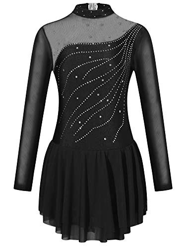 Doomiva Mädchen Glitzer Tanzkleid Langarm Eiskunstlauf Anzug Kürkleid Rollkunstlauf Kleid Langarm Wett"be"werb Tanzkostüm Ballettkleidung Ballettanzug Ua Schwarz 134-140 von Doomiva