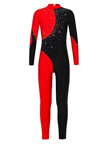 Doomiva Mädchen Turnanzug Glitzer Ganzkörper Gymnastikanzug Einteiler Sportbody mit Strass Gymnastikanzug Ballettbody Trikotanzug Ballettanzug Schwarz + Rot 122-128 von Doomiva