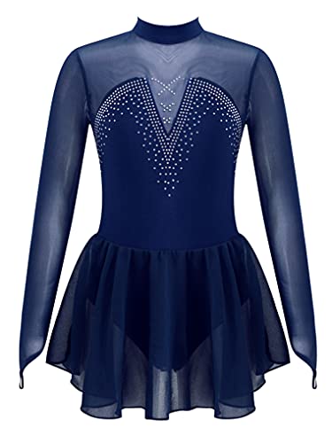 Doomiva Mädchen Eiskunstlaufkleid Langarm Rollschuhkleid Glitzer Ballettkleid Tanzkleid Ballettkleidung Trikot Ballettanzug Marineblau 158-164 von Doomiva