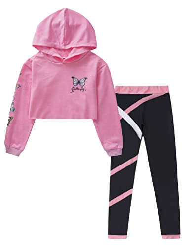 Doomiva Mädchen Sportanzug Turnanzug Schmetterling Kapuzenpullover Langarm Pullover+ Lenggings Lang Hip Hop Outfits Tanzklediung Rosa 170-176 von Doomiva