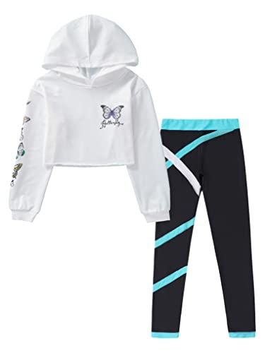 Doomiva Mädchen Sportanzug Turnanzug Schmetterling Kapuzenpullover Langarm Pullover+ Lenggings Lang Hip Hop Outfits Tanzklediung Weiß + Grün 146-152 von Doomiva