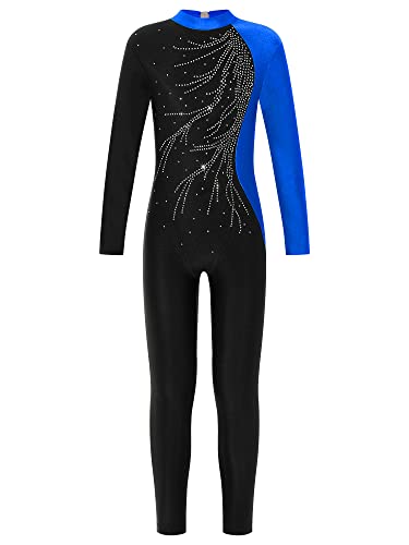 Doomiva Mädchen Turnanzug Ganzkörper Gymnastikanzug Glitzer Overall Sportbody Mit Strass Eiskunstlauf Anzug Langarm Leotard Blau 170-176 von Doomiva