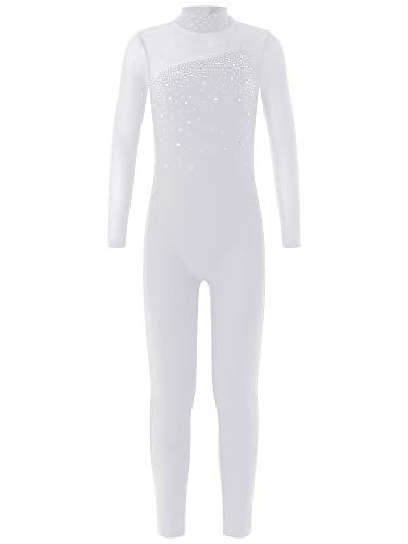 Doomiva Mädchen Turnanzug Glitzer Ganzkörper Gymnastikanzug Einteiler Sportbody mit Strass Gymnastikanzug Ballettbody Trikotanzug Ballettanzug X Weiß 146-152 von Doomiva