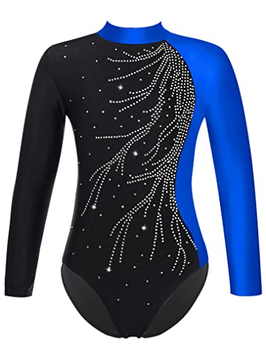 Doomiva Mädchen Turnanzug Glitzer Gymnastikanzug mit Strass Langarm Balletanzug Balletbody Sportlich Body Wettbewerbe Tanzkostüm Blau 134-140 von Doomiva