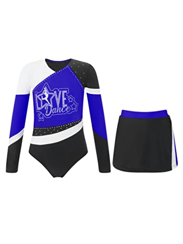 Doomiva Mädchen Turnanzug Langarm Leotards mit Minirock Glitzer Sportbody Cheerleading Kostüm Ärmellos Tanzkleidung Royal Blau 146-152 von Doomiva