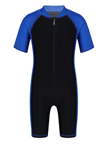 Doomiva Unisex Mädchen Jungen Badeanzug Einteiler Bademode UV-Schutz Schwimmanzug Kurzarm Badebekleidung Kinder Wassersport Anzug Blau & Schwarz 122-128 von Doomiva