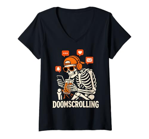 Damen Halloween Skelett Doomscrolling Kostüm T-Shirt mit V-Ausschnitt Damen Halloween Skelett Doomscrolling Kostüm T-Shirt mit V-Ausschnitt von Doomscrolling Humor Skeleton Costume Halloween