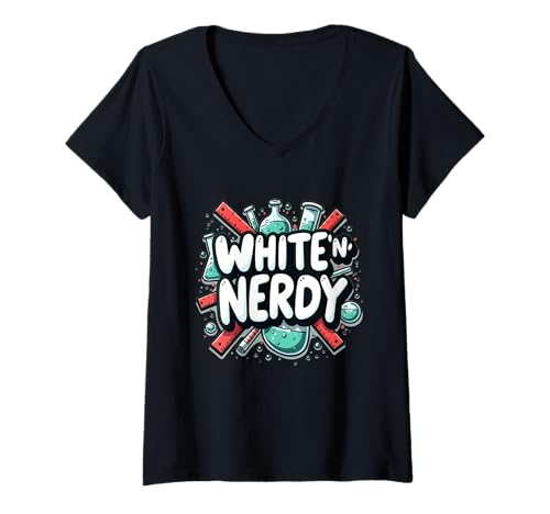 Damen Weißer und nerdiger Geek T-Shirt mit V-Ausschnitt von Dooni Designs