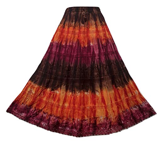 Doorwaytofashion Damen Baumwolle Batik Sommer Lang Maxi Rock Bestickt Boho Einheitsgröße 38 40 42 44 46 40 Gr. Einheitsgröße, Braun/Orange/Weinrot von Doorwaytofashion