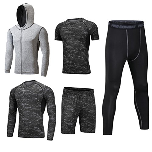 DOOXI Herren 5 Stücke Sport Anzug Schnell Trocken Joggen Kleidung Strumpfhosen Laufanzüge Kompression Shirt Gym Training Lauf Trainingsanzüge L von DOOXI