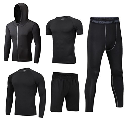 DOOXI Herren 5 Stücke Sport Anzug Schnell Trocken Joggen Kleidung Strumpfhosen Laufanzüge Kompression Shirt Gym Training Lauf Trainingsanzüge M von DOOXI